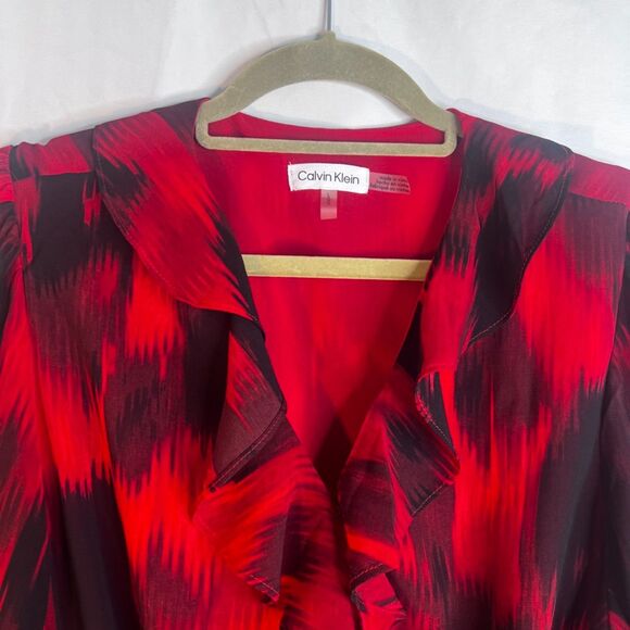 Calvin Klein Abstract Red Ruffle Vneck Peplum Waist Blouse Dressy Bold Size LG - Picture 3 of 10
